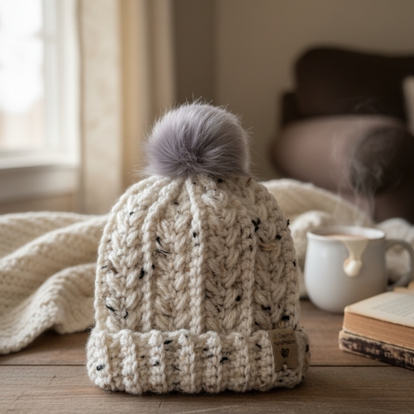 Other - Cozy Crochet Wheat Stitch Beanie with Pom-Pom